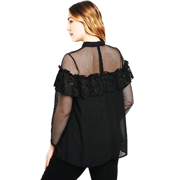 PLUS Black Victorian Gothic Lace Trim Chiffon Top - Picture 3 of 8